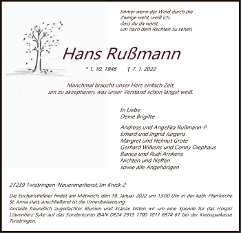 Traueranzeige von Hans Rußmann von SYK