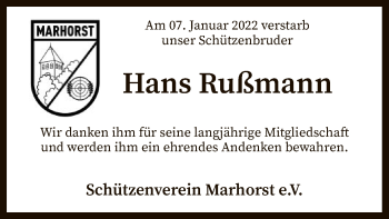 Traueranzeige von Hans Rußmann von SYK