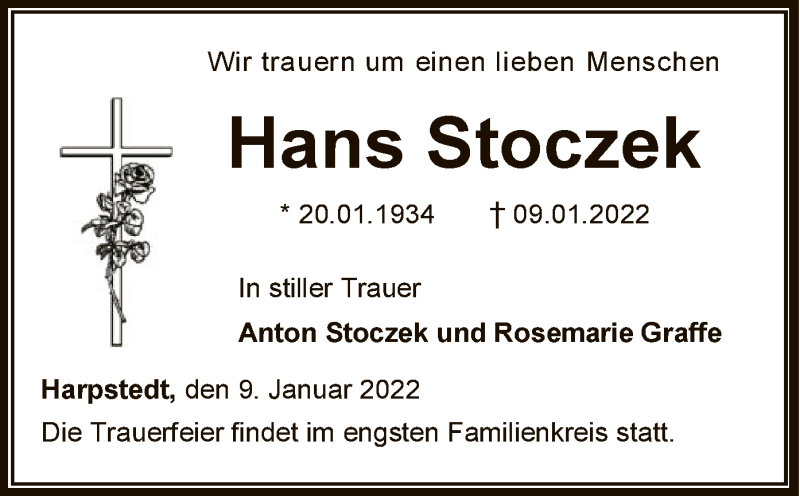  Traueranzeige für Hans Stoczek vom 12.01.2022 aus SYK