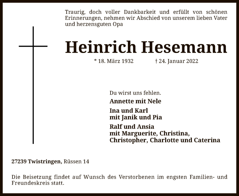  Traueranzeige für Heinrich Hesemann vom 25.01.2022 aus SYK
