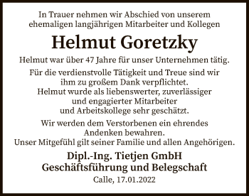 Traueranzeige von Helmut Goretzky von SYK