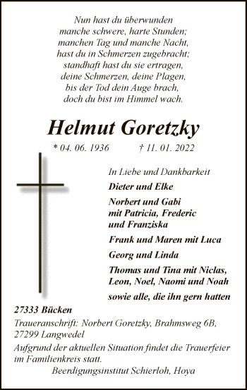 Traueranzeige von Helmut Goretzky von SYK