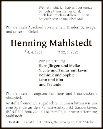 Traueranzeige von Henning Mahlstedt von SYK