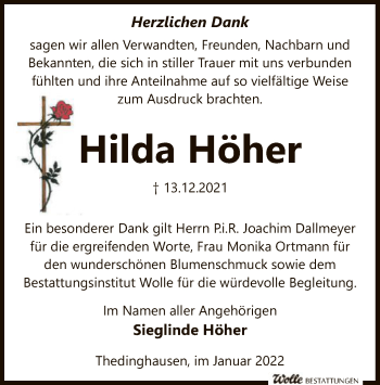 Traueranzeige von Hilda Höher von SYK