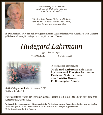 Traueranzeige von Hildegard Lahrmann von SYK