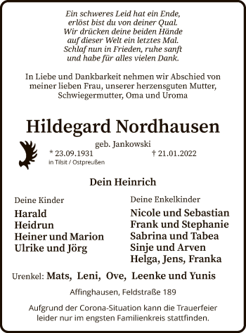 Traueranzeige von Hildegard Nordhausen von SYK