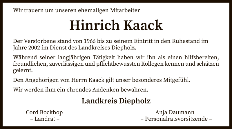  Traueranzeige für Hinrich Kaack vom 05.01.2022 aus SYK