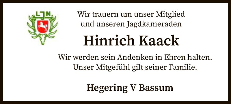  Traueranzeige für Hinrich Kaack vom 05.01.2022 aus SYK