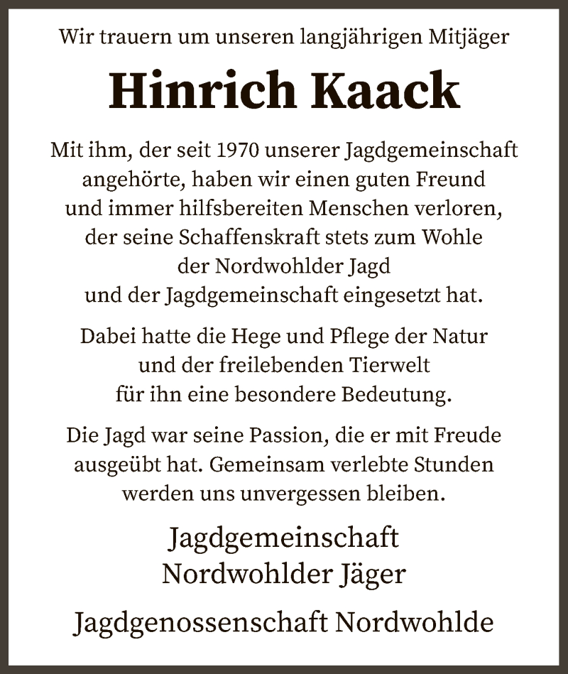  Traueranzeige für Hinrich Kaack vom 05.01.2022 aus SYK