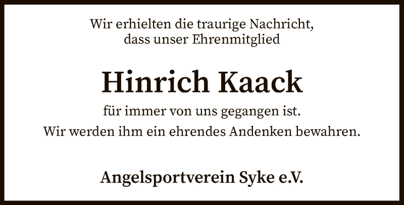  Traueranzeige für Hinrich Kaack vom 04.01.2022 aus SYK