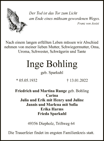 Traueranzeige von Inge Bohling von SYK