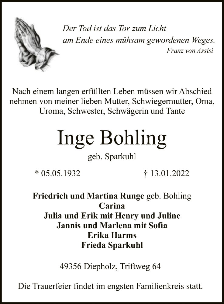  Traueranzeige für Inge Bohling vom 15.01.2022 aus SYK