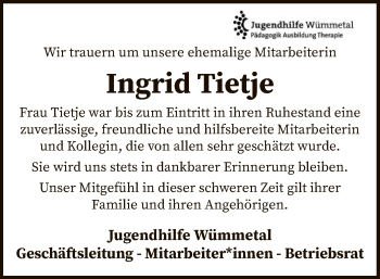 Traueranzeige von Ingrid Tietje von SYK