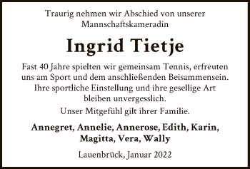 Traueranzeige von Ingrid Tietje von SYK