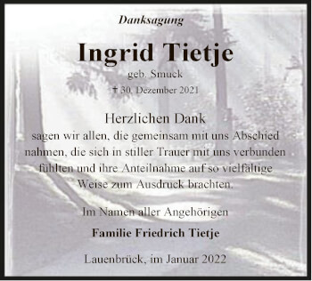 Traueranzeige von Ingrid Tietje von SYK