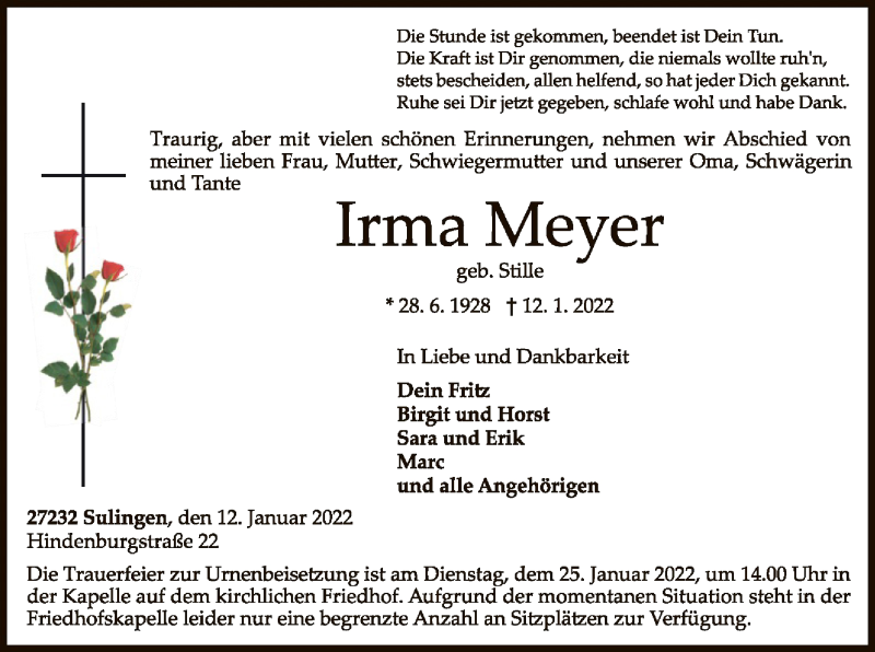  Traueranzeige für Irma Meyer vom 19.01.2022 aus SYK
