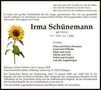 Traueranzeige von Irma Schünemann von SYK