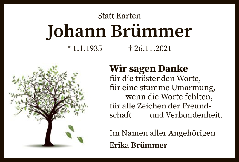  Traueranzeige für Johann Brümmer vom 15.01.2022 aus SYK