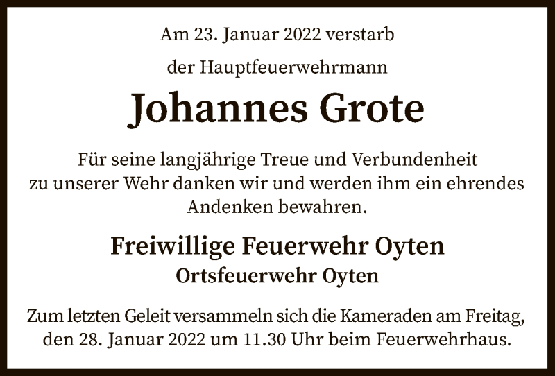  Traueranzeige für Johannes Grote vom 26.01.2022 aus SYK