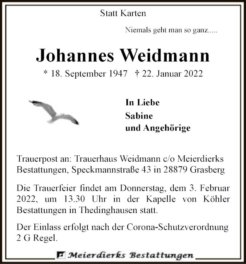  Traueranzeige für Johannes Weidmann vom 29.01.2022 aus SYK