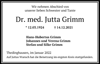 Traueranzeige von Jutta Grimm von SYK