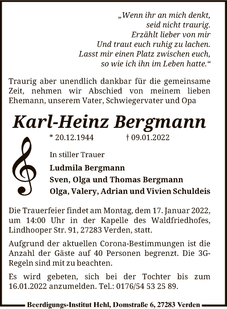  Traueranzeige für Karl-Heinz Bergmann vom 13.01.2022 aus SYK