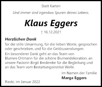 Traueranzeige von Klaus Eggers von SYK