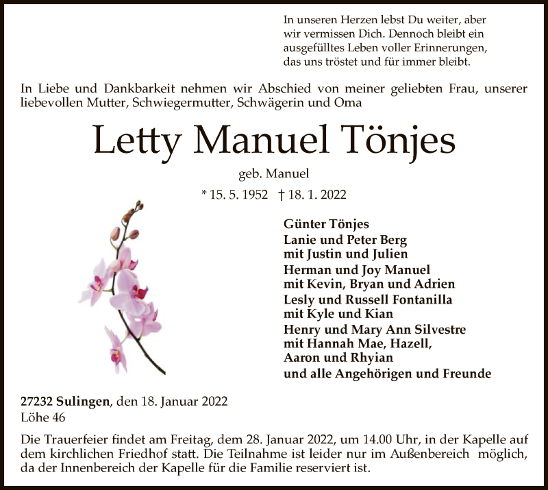  Traueranzeige für Letty Manuel Tönjes vom 25.01.2022 aus SYK