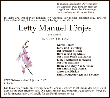 Traueranzeige von Letty Manuel Tönjes von SYK