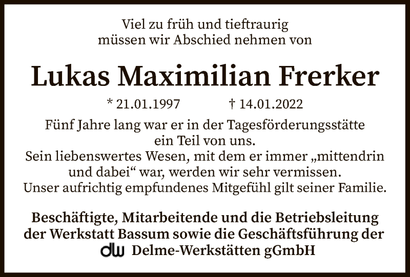  Traueranzeige für Lukas Maximilian Frerker vom 20.01.2022 aus SYK