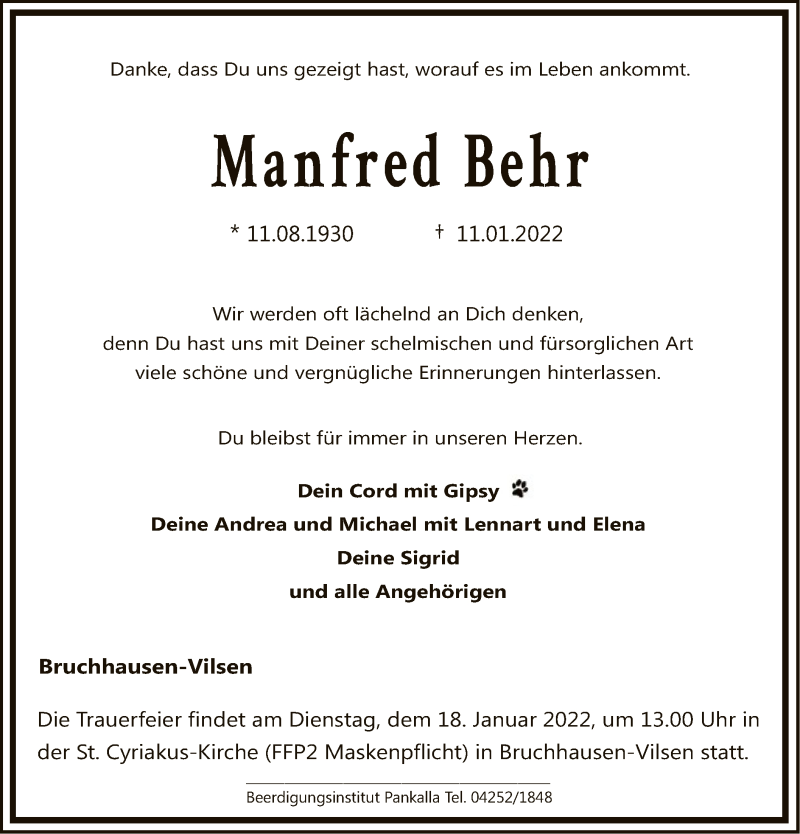  Traueranzeige für Manfred Behr vom 15.01.2022 aus SYK