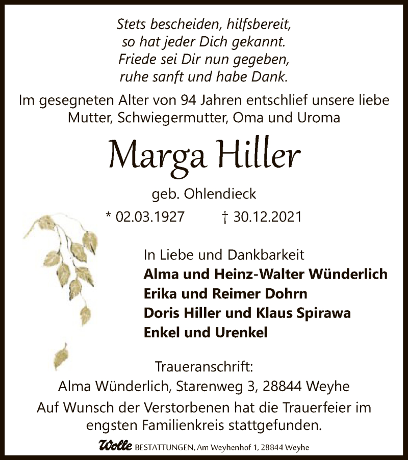 Traueranzeige für Marga Hiller vom 11.01.2022 aus SYK