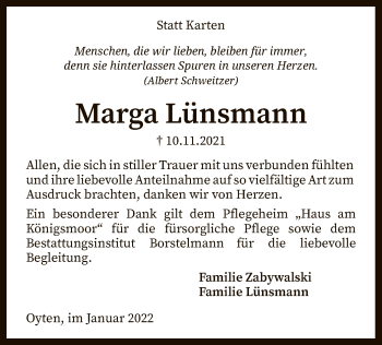 Traueranzeige von Marga Lünsmann von SYK