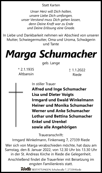 Traueranzeige von Marga Schumacher von SYK