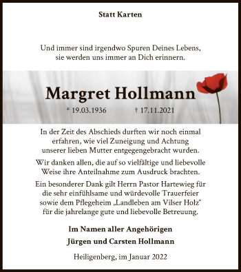 Traueranzeige von Margret Hollmann von SYK