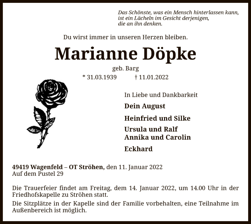  Traueranzeige für Marianne Döpke vom 13.01.2022 aus SYK