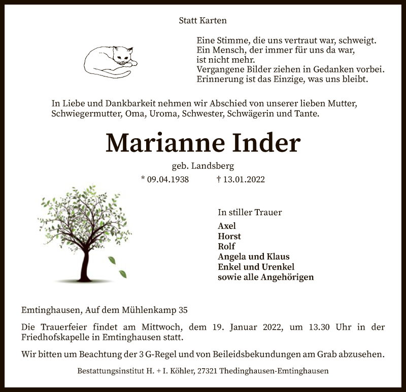  Traueranzeige für Marianne Inder vom 15.01.2022 aus SYK