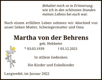 Traueranzeige von Martha von der Behrens von SYK