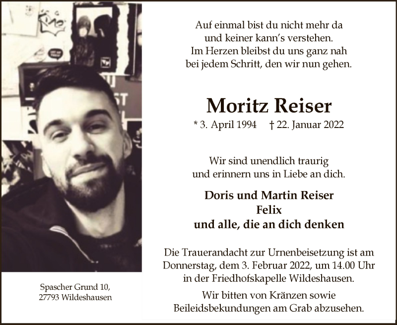  Traueranzeige für Moritz Reiser vom 26.01.2022 aus SYK