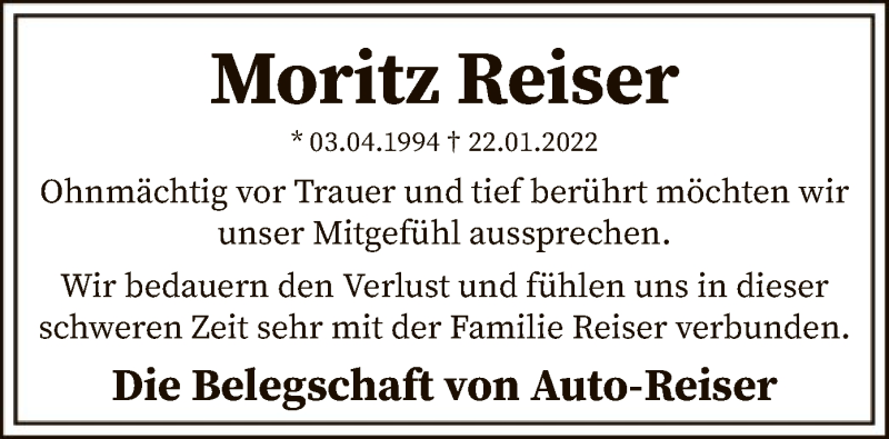  Traueranzeige für Moritz Reiser vom 27.01.2022 aus SYK