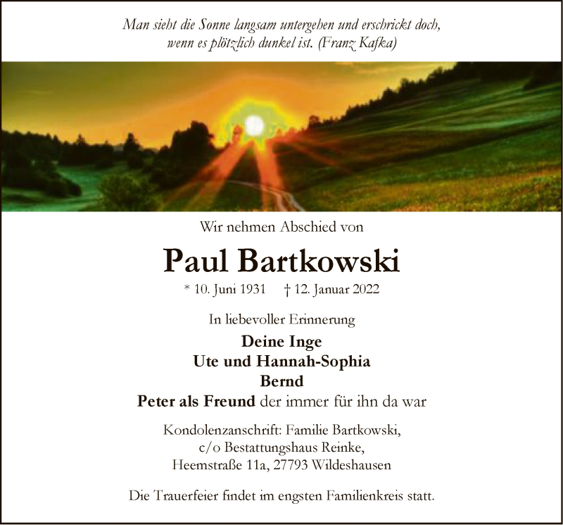  Traueranzeige für Paul Bartkowski vom 15.01.2022 aus SYK