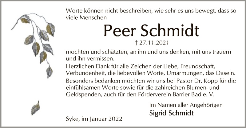  Traueranzeige für Peer Schmidt vom 15.01.2022 aus SYK