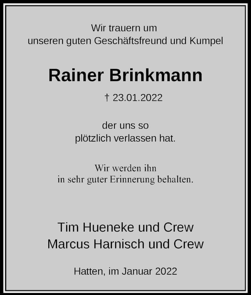 Traueranzeige für Rainer Brinkmann vom 29.01.2022 aus SYK