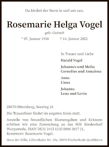 Traueranzeige von Rosemarie Helga Vogel von SYK