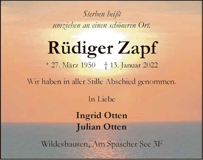  Traueranzeige für Rüdiger Zapf vom 29.01.2022 aus SYK