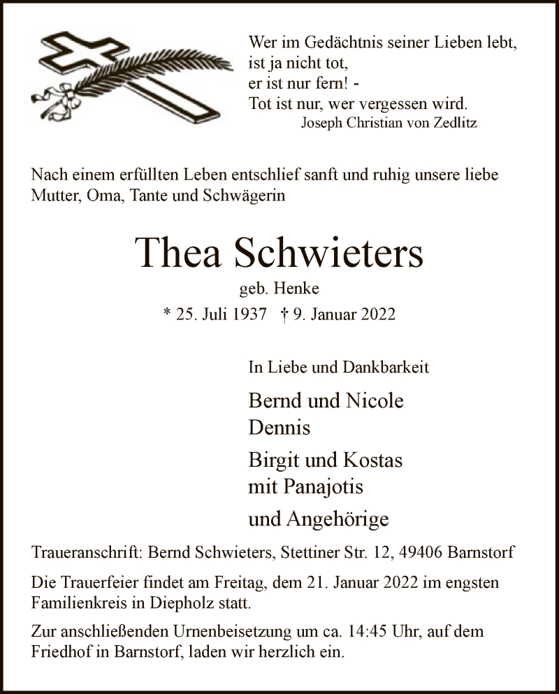  Traueranzeige für Thea Schwieters vom 15.01.2022 aus SYK