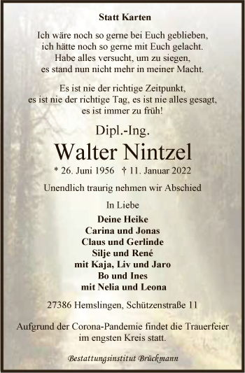 Traueranzeige von Walter Nintzel von SYK