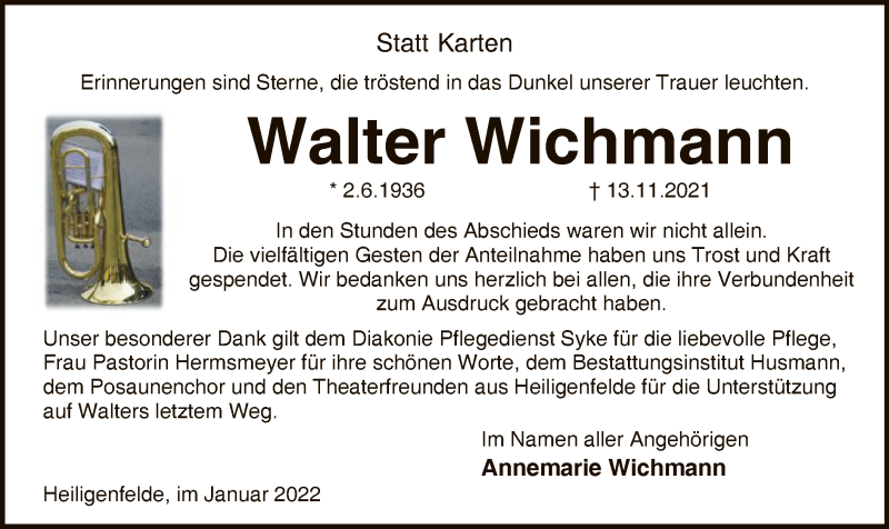  Traueranzeige für Walter Wichmann vom 08.01.2022 aus SYK