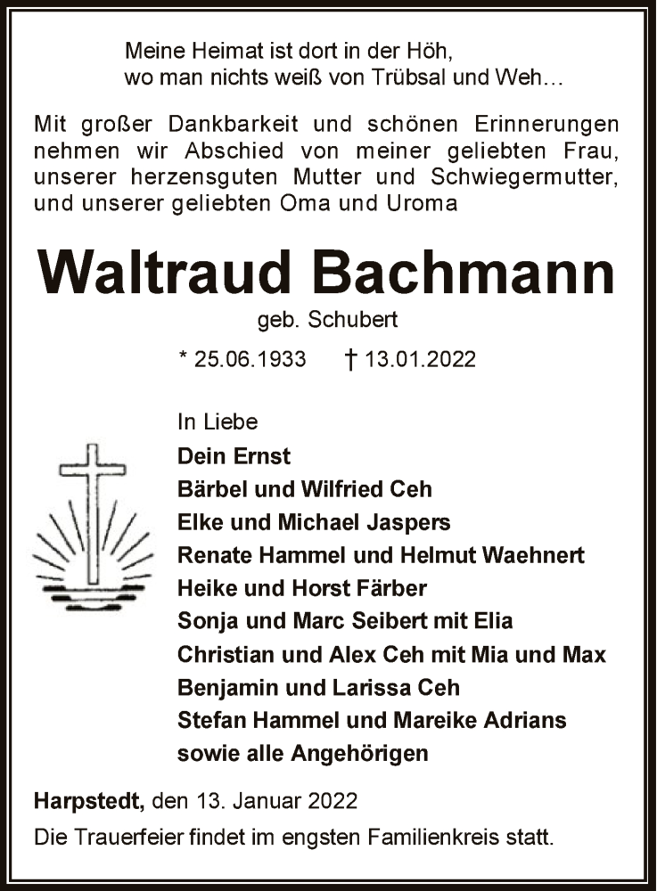  Traueranzeige für Waltraud Bachmann vom 15.01.2022 aus SYK