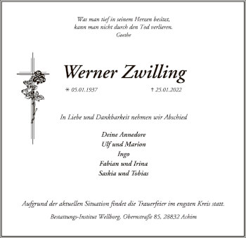 Traueranzeige von Werner Zwilling von SYK